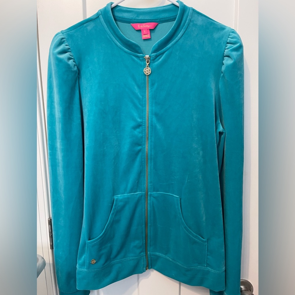 Lilly Pulitzer zip up velour turquoise jacket - Size Large